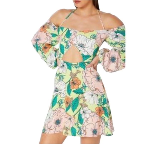 Revolve X AFRM Spring Lime Bouquet Floral Dolly Off The Shoulder Mini Dress | M - Picture 4 of 16